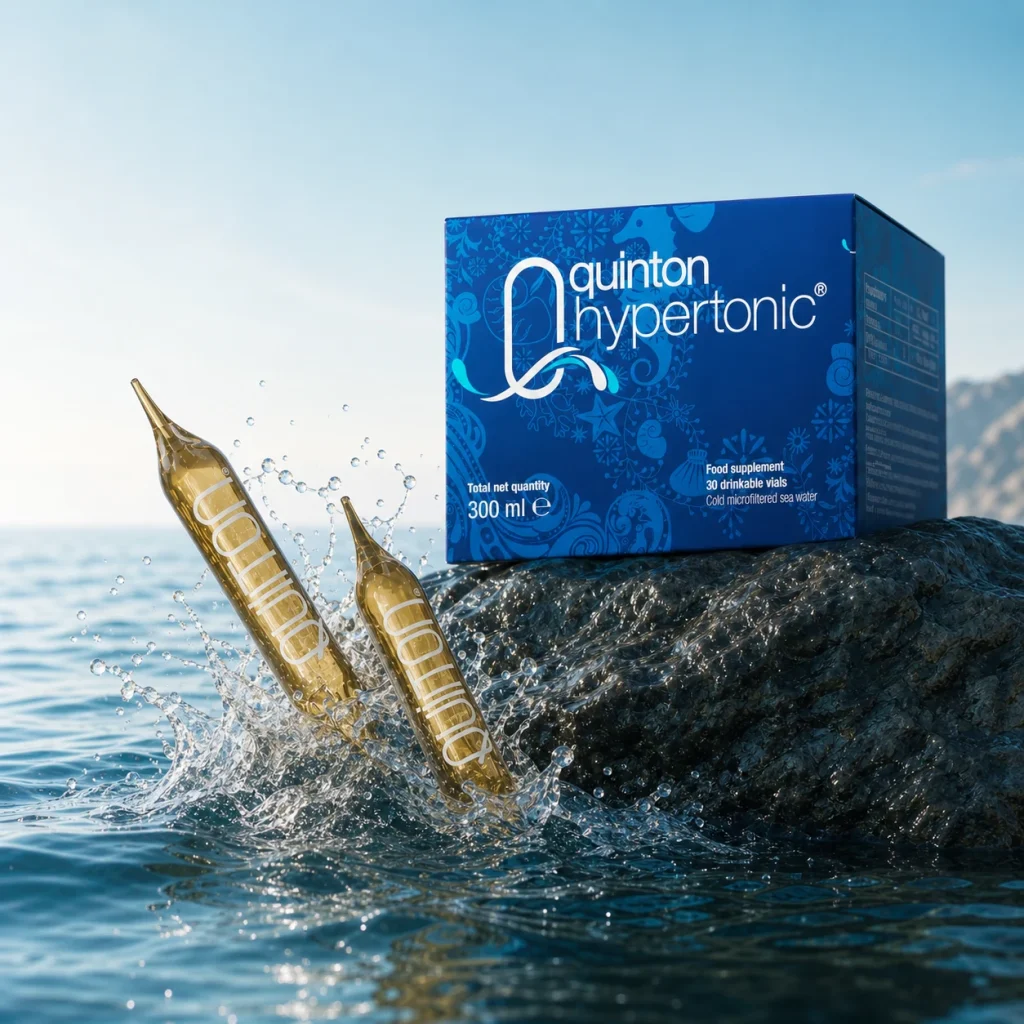 Kutija Quinton Hypertonic od 300 ml sa dve staklene ampule, more u pozadini
